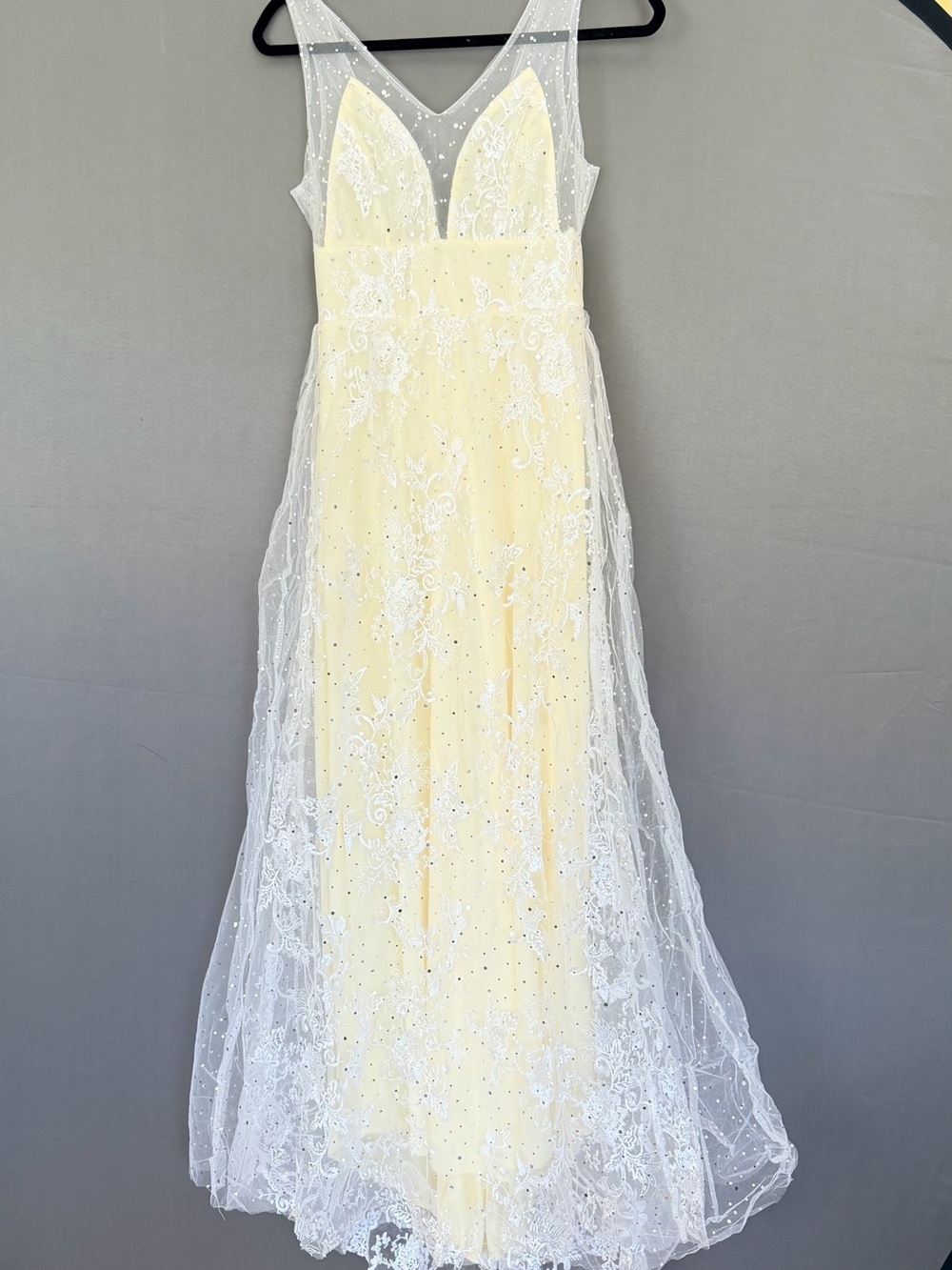 Girls Pale Yellow Lace and Tulle Formal Dress with Sheer Overlay
